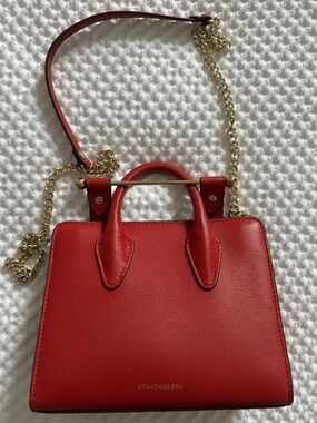 Strathberry Nano Tote 
Red Leather Crossbody Bag with Gold Chain